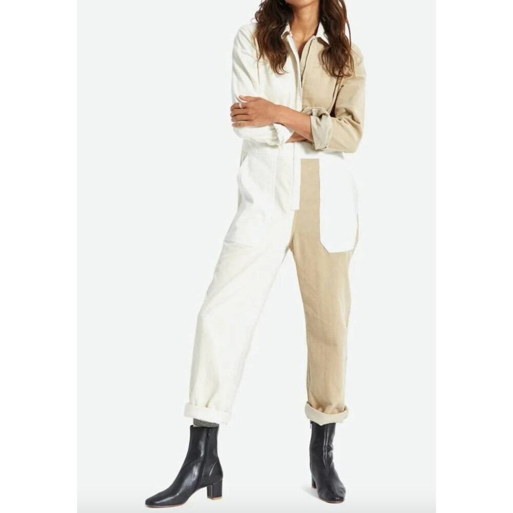 Brixton Women's Mersey‎ Coverall Corduroy Jumpsuit Long Sleeve Cream Tan Large